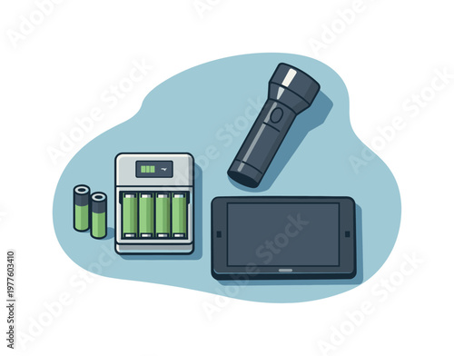 Clean power outage preparation concept viewed from above with generic flashlight batteries charger and tablet aligned clearly,