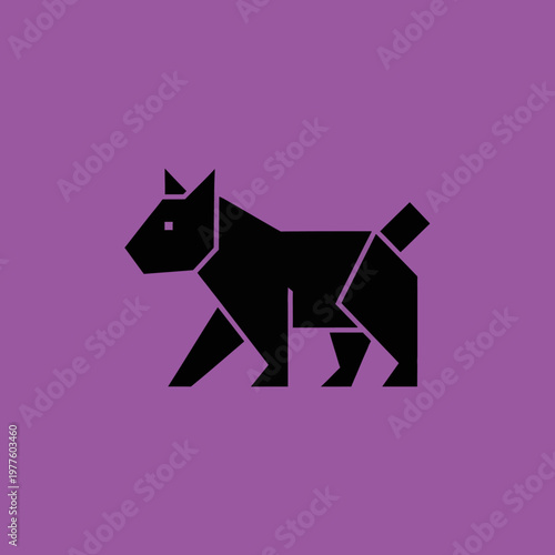 Origami Black Dog Silhouette on Purple Background.