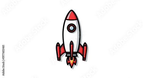 Cartoon rocket ship blasting off into space with flames