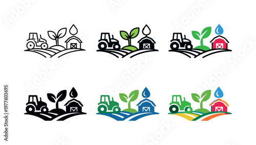 Agritech solutions symbol showing a tractor, sprouting plant, water droplet, and barn, conveying modern farming practices, smart