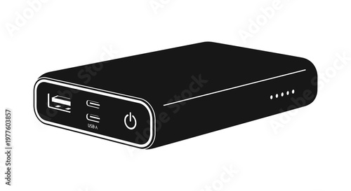 Black power bank device illustration showcasing charging ports and minimalist silhouette