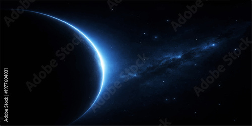 blue planet earth glowing in space with sun light and stars in the universe