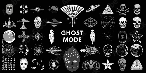 An assortment of ghostly surreal and occult symbols in white on black