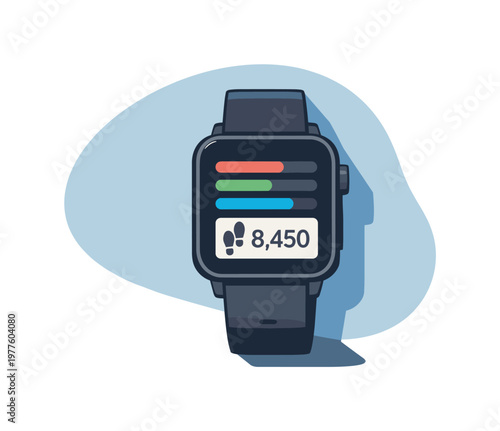 Clean smartwatch fitness tracking concept viewed from above with generic smartwatch activity bars step counter tile and wristband