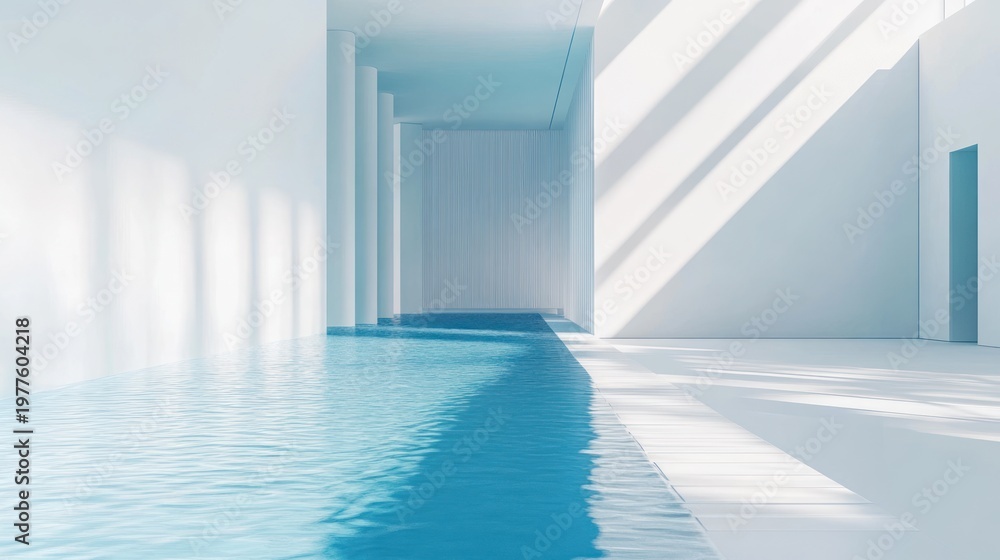 Fototapeta premium Sunlit indoor pool in a minimalist white building.