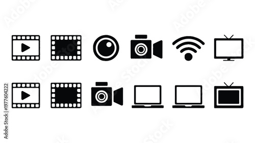 collection of video and photo camera icons with television and laptop symbols