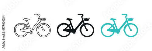 Urban sustainability context depicted as a public bicycle with step-through frame, saddle, handlebars, and chain guard shown in