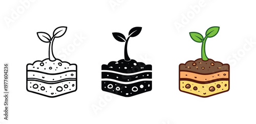 Natural balance metaphor conveyed by a young plant sprout emerging from layered substrate cross-section, matching silhouette