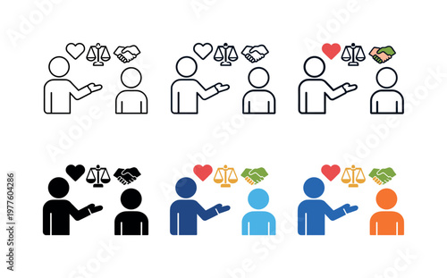 Character building teaching icon depicting a mentor or teacher presenting symbolic elements of ethics, respect, and values to a