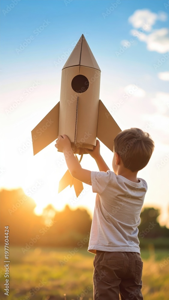 Fototapeta premium Young Boy Holding Cardboard Rocket Ship Outdoors at Sunset.