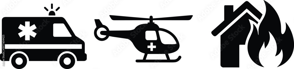 Fototapeta premium Emergency response icon collection illustration, ambulance helicopter fire vector art, rescue design concept, creative disaster relief graphic set