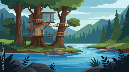 A tranquil scene of a wooden treehouse nestled among towering trees near a serene river, beautifully illustrating harmony with nature and childhood imagination in a peaceful landscape.