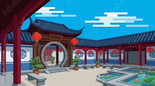 A beautiful courtyard featuring classic Chinese architecture with ornate details, lanterns, and a tranquil pond, reflecting cultural heritage and artistic elegance in design.