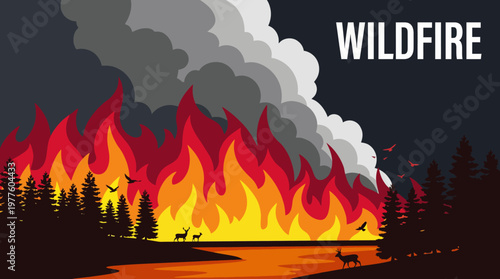 This image powerfully showcases a fierce wildfire consuming the landscape, with striking flames and smoke against a backdrop of dark trees and wildlife. Nature's fierce battle.