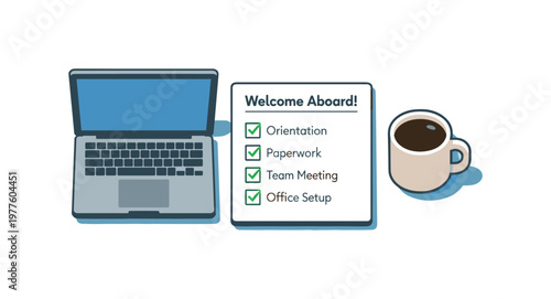 Clean new employee onboarding concept viewed from above with generic laptop checklist card and coffee mug aligned clearly, placed