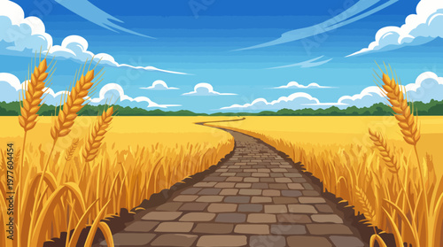 A breathtaking image capturing a golden wheat field intersected by a winding pathway under a blue sky, beautifully representing harvest season and the beauty of rural landscapes.
