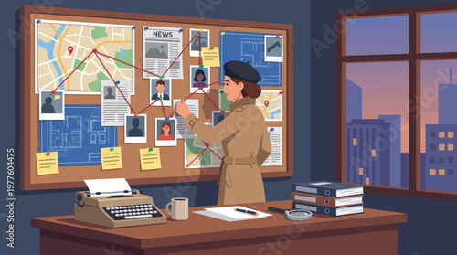This engaging image shows a detective studying a board filled with clues, photos, and maps, embodying the intrigue and complexity of solving a mystery investigation.