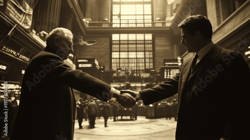 Two businessmen shaking hands in a grand hall.