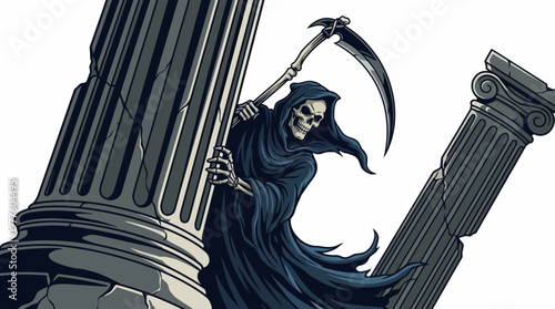 A striking image featuring the Grim Reaper wielding a scythe, standing among ancient columns, symbolizing the inevitability of death and the passage of time with artistic flair.