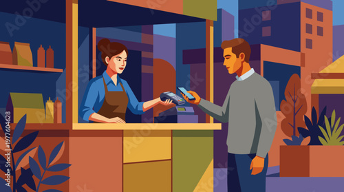 A lively illustration depicting a customer making a digital payment at a colorful market stall, emphasizing contemporary commerce, technology, and the convenience of modern transactions.