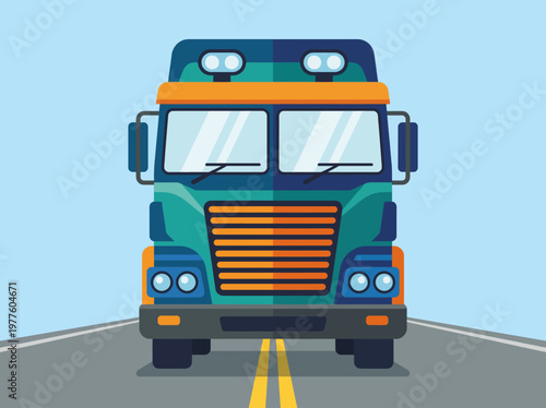 A stylized illustration of a colorful truck prominently positioned on an open road, symbolizing adventure, transport, and the freedom of traveling in wide open spaces.