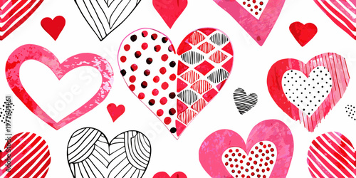 A vibrant pattern of hand drawn hearts in red and pink hues