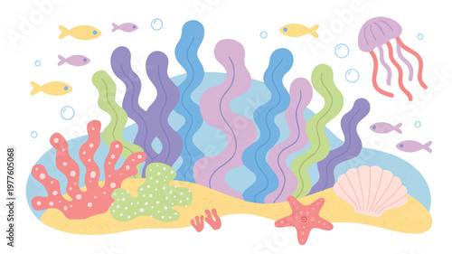 colorful underwater scene with sea creatures and coral reef elements