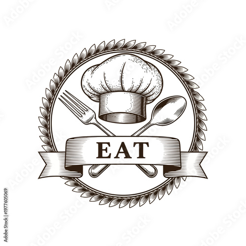 Vintage Chef Hat Fork Spoon and Eat Banner Emblem.
