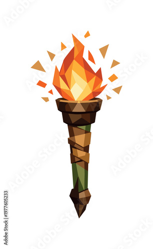 Geometric Torch Illustration. Low-poly vector illustration of a torch held steadily after lighting the way, angular flame and