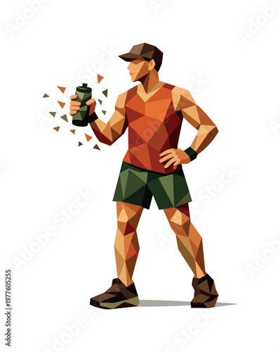 Athletic man in low poly style holding a water bottle after workout
