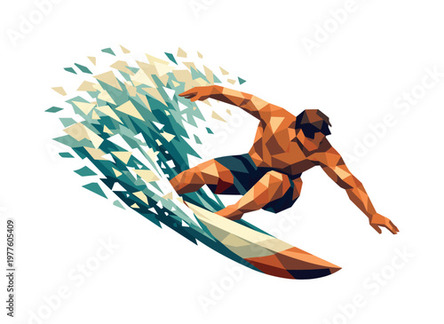 Low-poly vector illustration of a surfer mid-cutback, body leaning sharply with faceted limbs, dynamic diagonal composition,