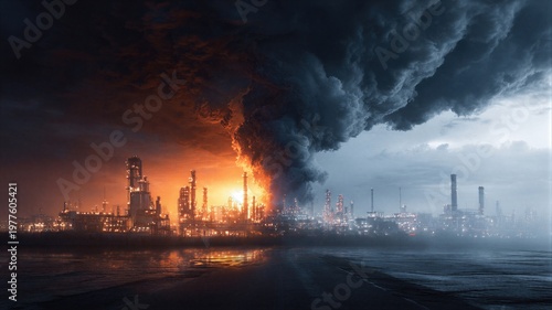 Industrial plant on fire after attack during war. Destroyed factory structure with toxic smoke and flames. Concept of military conflict, ecological disaster and global energy crisis.