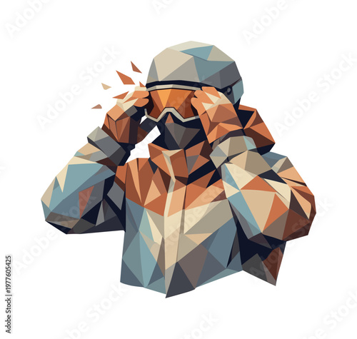 Low-poly vector illustration of a snowboarder wiping their goggles, faceted athlete figure built from sharp triangular polygon