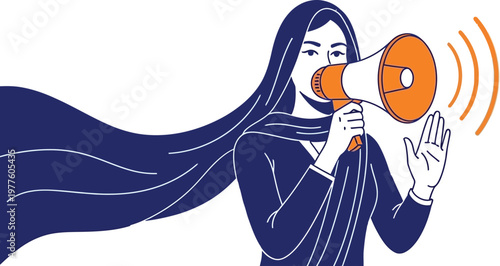 Beautiful, Modern, Stylish, Elegant, High Quality woman holding orange megaphone and smiling  business communication Digital Art, Printable, HD Artwork, Wall Decor, Illustration