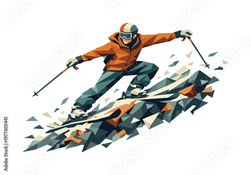 Low-poly vector illustration of a skier actively balancing across the ridge, angular limbs stretched for stability, dynamic