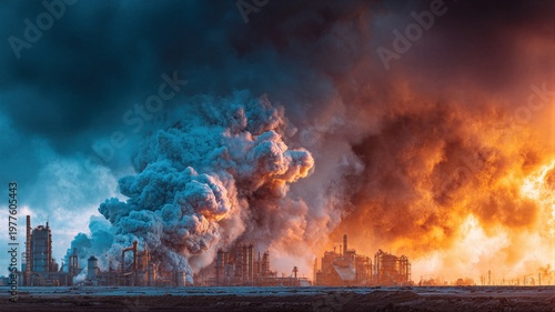 Industrial plant exploding with thick dark smoke clouds. Oil refinery fire from war damage or accident. Catastrophe and infrastructure destruction crisis concept for news report.
