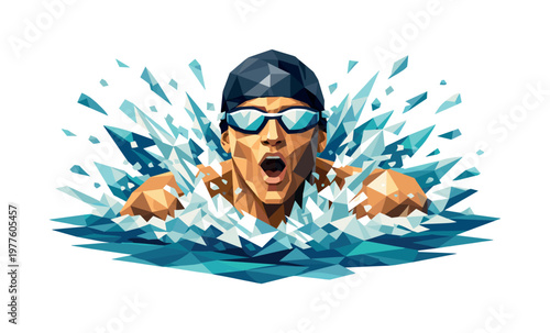 Low-poly vector illustration of a swimmer surfacing with a goggle splash, angular faceted head and shoulders breaking through