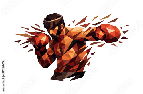 Low-poly vector illustration of a boxer unleashing a speed combo, angular faceted torso twisting with rapid alternating punches,