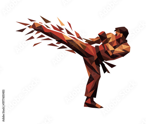 Dynamic Spinning Kick. Low-poly vector illustration of a fighter executing a spinning kick, angular faceted body fully twisted
