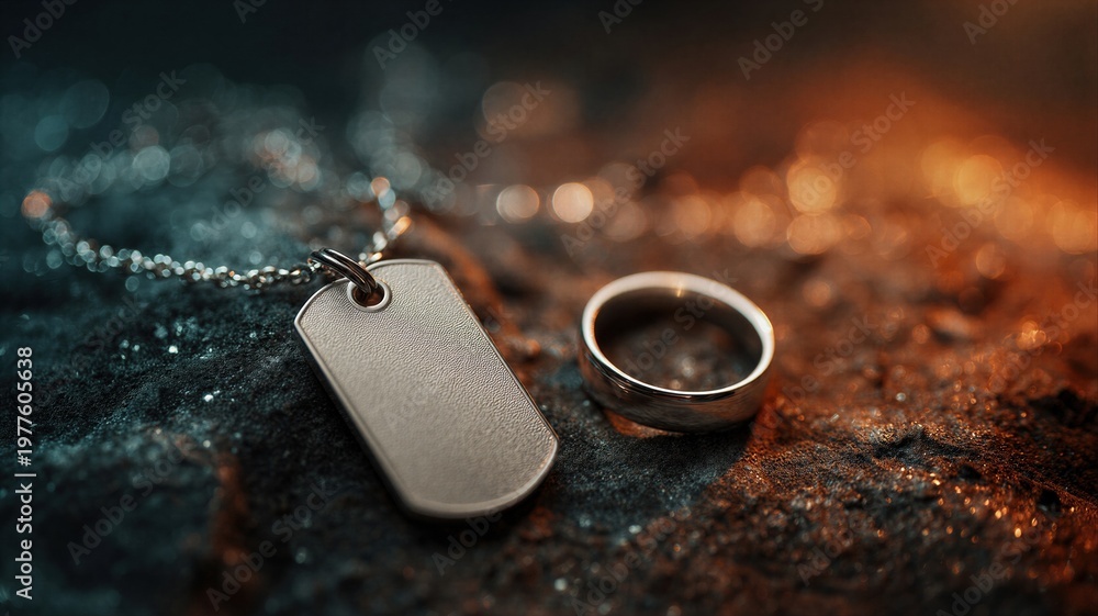 Obraz premium Soldier identification tag and wedding ring on dark stone ground. Symbol of loss and sacrifice during military conflict. Memory and tribute to fallen hero in wartime. Sad atmosphere.