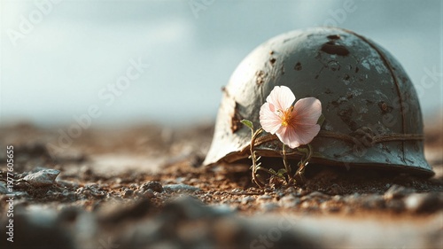 Old soldier helmet with a blooming flower growing from the dry ground. Concept of peace after war and hope. Symbol of survival and rebirth in a conflict zone after battle.