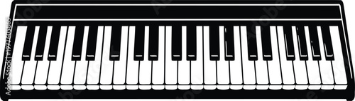 Black and white line of a piano keyboard with detailed white and black keys music instrument