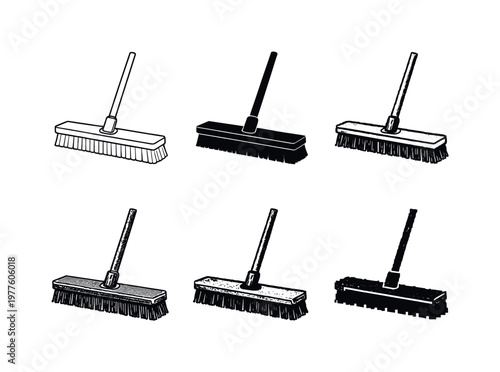 Push broom with wide rectangular brush and sturdy pole, intended for sweeping larger floor areas | Create ONE image containing