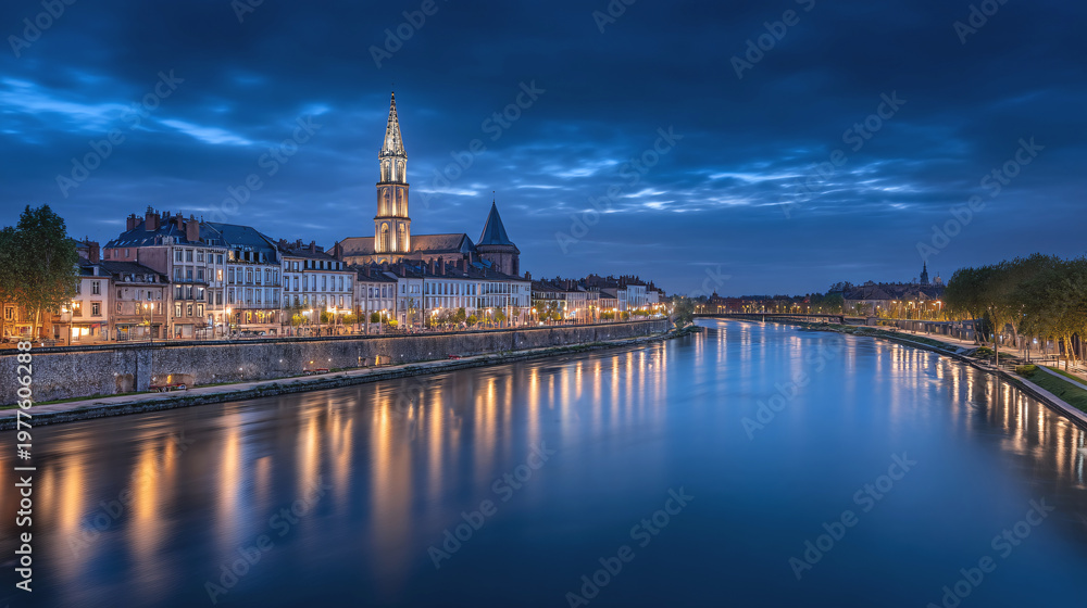 Obraz premium Riverfront cityscape at dusk with illuminated church tower, calm canal reflections