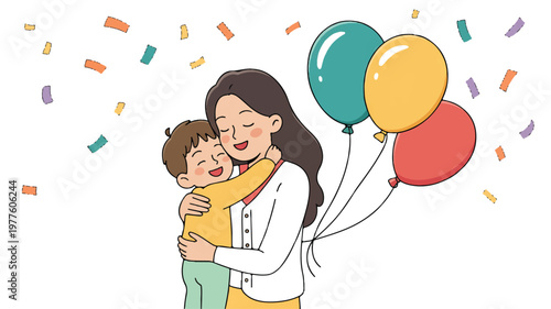 happy mother hugging her little son with colorful balloons