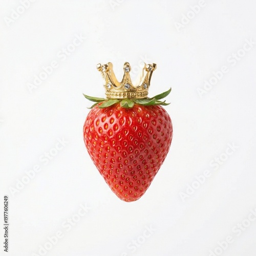 Majestic Fresh Red Strawberry Adorned with a Golden Royal Crown on a Pristine White Background, Symbolizing Premium Quality and Leadership