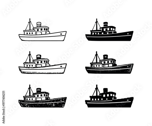 Six Ship Variants. Seafaring ship boat with hull deck cabin and small smokestack, designed for transporting passengers or cargo
