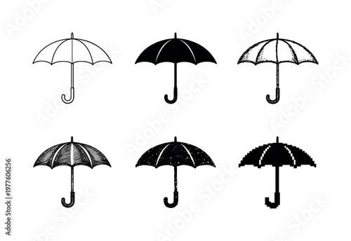 Open umbrella with curved handle and wide canopy panels, used to provide protection from rain and harsh weather | Create ONE