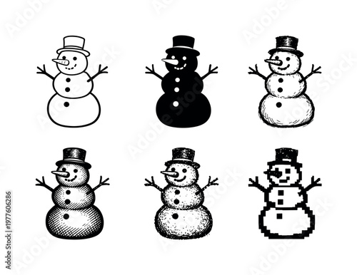 Cheerful snowman with round stacked snowballs carrot nose and small top hat, built outdoors during winter snowfall | Create ONE