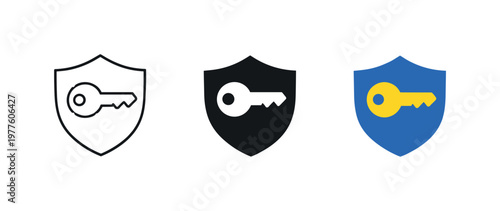 Access control concept illustrated by matching key with shield icons aligned horizontally with identical key blade shape and